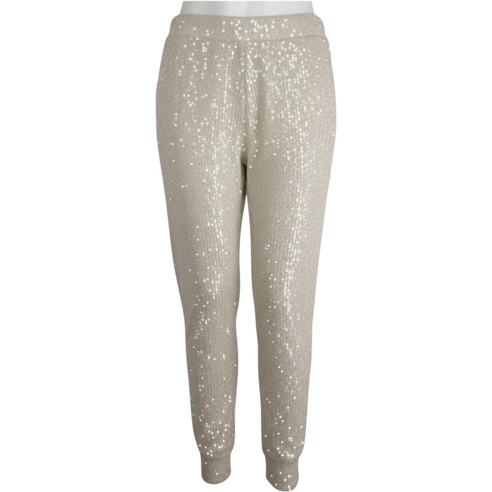 Cable & Gauge Joggers Women L Champagne Sequin High Rise Stretch Party Pants